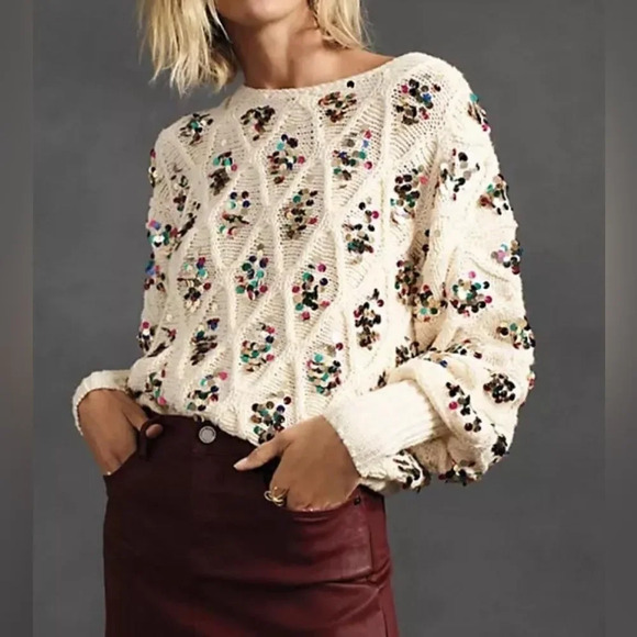 Anthropologie Lara ivory soft silky diamond pattern knit sequen accent sweater S - Picture 1 of 9